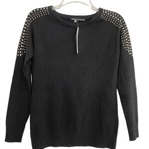 Vita Milano Women Black Rhinestones‎ Shoulder Long Sleeve Sweater Top Size L